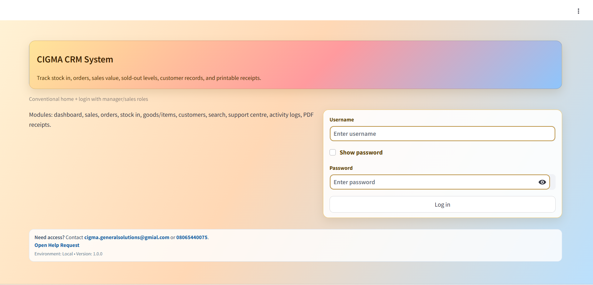 Cigma CRM login page