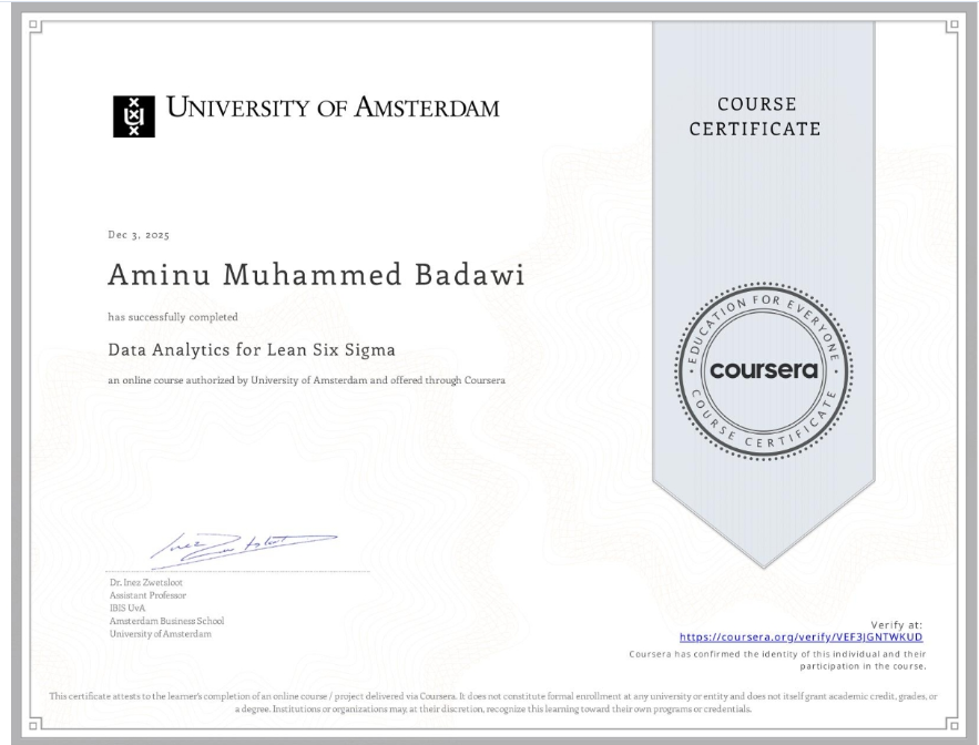 Data Analytics for Lean Six Sigma Certificate